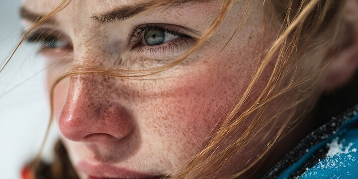 Candid close-up portrait, a woman's face showing severe windburn, cheeks intensely red and chapped, skin dry, eyes squinting against cold wind, strands of hair blowing across her face, snowy mountain 