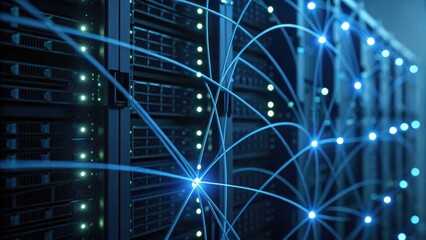 A close-up view of a data center with illuminated servers and dynamic connections, showcasing modern technology and networking capabilities.