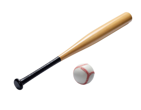 A wooden baseball bat with a black handle grip is positioned next to a regulation baseball, both isolated on a transparent black background.