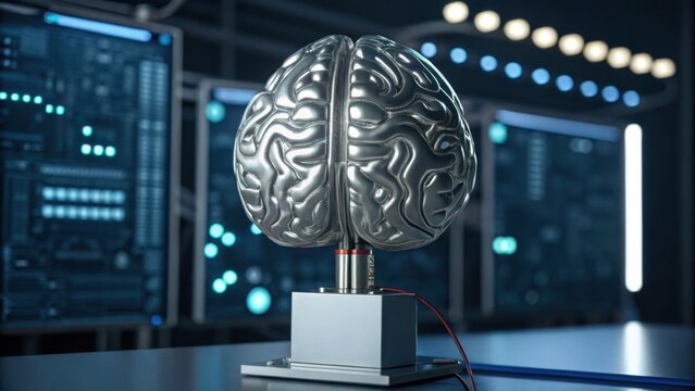 A metallic brain model sits on a platform against a backdrop of digital screens, symbolizing artificial intelligence and technology. - Powered by Adobe