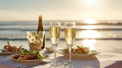 Romantic beachfront dinner at sunset with sparkling wine, seafood and golden reflections on waves. Elegant table setting for Valentines Day moment