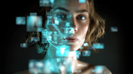 Portrait of a woman engaging with digital technology while entering cyberspace surrounded by floating animated social media icons - Powered by Adobe