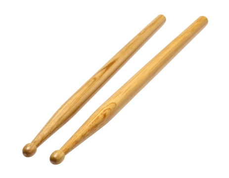 Pair of wooden drumsticks with natural wood grain isolated on transparent background