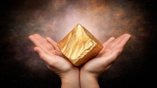 A pair of hands holds a shimmering golden cube, symbolizing wealth, prosperity, and the allure of precious materials against a cosmic background.
