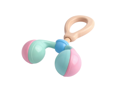 a modern, pastel-colored baby rattle featuring a wooden ring handle and two plastic, spherical ends.