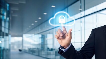 A business professional interacts with a digital cloud, highlighting cybersecurity and data protection concepts in a modern office setting.