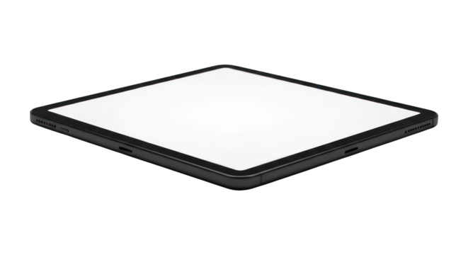 Tablet Dark edge and blank white screen, flat on black background, perspective
