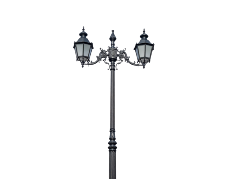 double-headed street lamp on an ornate cast iron pole, isolated on a transparent background.