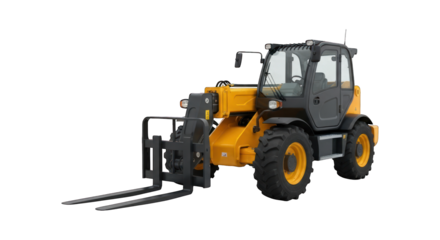 Telehandler with forks, in yellow and black, isolated on a black background