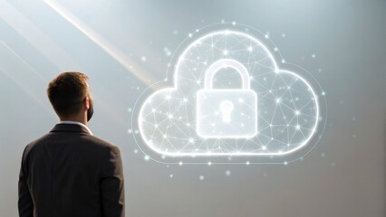 A man in a suit observes a digital cloud with a padlock symbol, representing cybersecurity and data protection.
