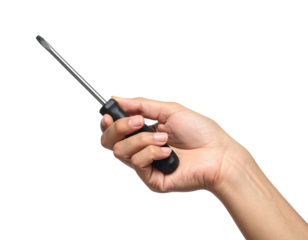 Hand holding black and orange screwdriver with textured grip isolated on transparent background