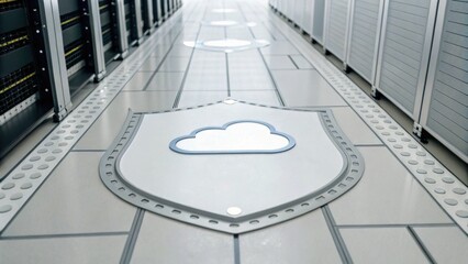 A modern data center floor featuring cloud icons and server racks, emphasizing technology and security in digital infrastructure.