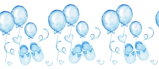 Charming blue baby shower seamless border with balloons and shoes for invitations and decorations. Watercolor illustration for gender reveal party, baptism, boy or girl party. Copy space. Hand drawn