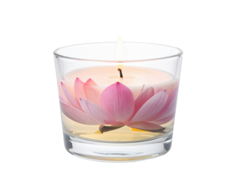 Decorative candle in glass with pink lotus flower floating in water isolated on transparent background