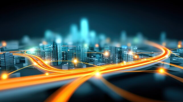 Dynamic urban traffic flow futuristic cityscape digital art nighttime environment aerial view urban development concept