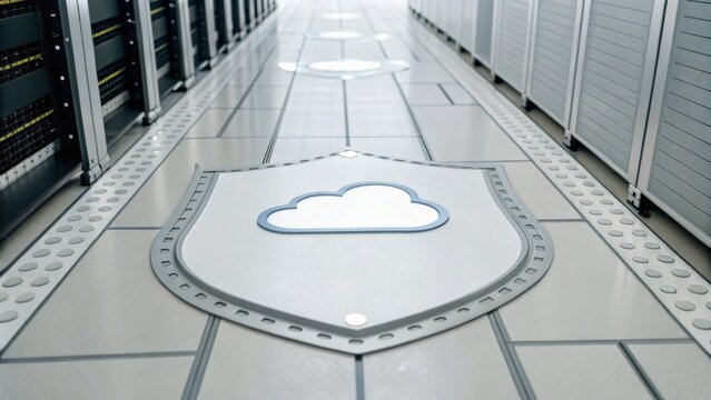 A modern data center floor featuring cloud icons and server racks, emphasizing technology and security in digital infrastructure.
