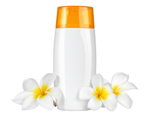 a white cosmetic bottle with an orange cap, flanked by two tropical white plumeria flowers on a transparent background.