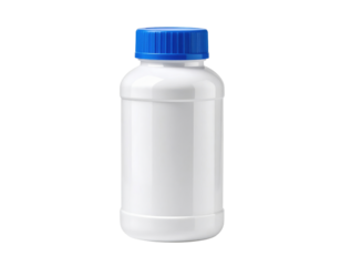 White plastic bottle with blue screw cap for medicine, supplements or chemicals isolated on transparent background