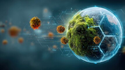 Exploration of global microbial life earth digital art futuristic aerial view environmental impact