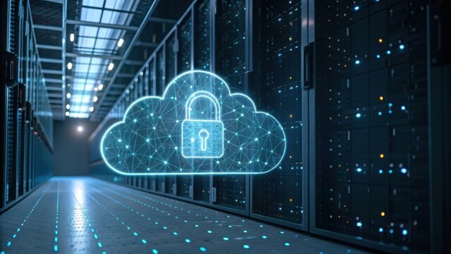 A digital cloud with a padlock symbol overlays a server room, symbolizing secure data storage and cybersecurity in a modern technological environment.
