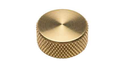 Cylindrical brass-colored knob with radial brushed top and diamond-pattern knurled grip—used for precise manual control in instruments or machinery