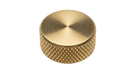 Cylindrical brass-colored knob with radial brushed top and diamond-pattern knurled grip—used for precise manual control in instruments or machinery
