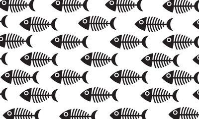 Seamless Fish Skeleton Pattern. Black and white vector background with repeating fishbone icons for textile and wallpaper design.