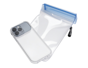 a smartphone in a clear protective case next to a waterproof pouch with a blue clip-seal closure.