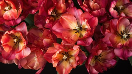 A close-up of a vibrant bunch of tulips in full bloom, showcasing rich reds, pinks, and yellows.