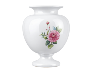 A glossy white porcelain vase with a wide base and a central floral decal featuring a pink dahlia is isolated on a transparent background.