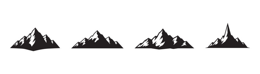 Mountain silhouette icon set. Vector collection of black rocky peak logos for adventure, travel, and outdoor brands.