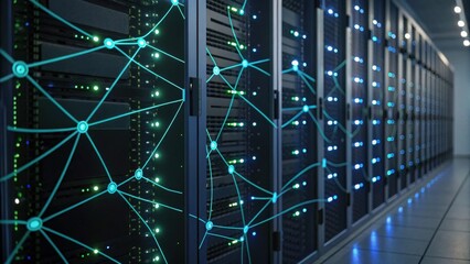 A futuristic data center with illuminated servers and network connections, showcasing advanced technology and digital infrastructure.