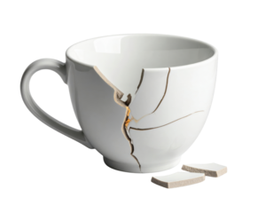Broken white ceramic mug with gold kintsugi repair showing cracks and fragments on transparent background