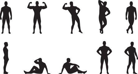 Set of black vector silhouettes Muscular Man Vector Set. Collection of male bodybuilder and fitness model poses. Isolated character icon pack for gym and workout themes.