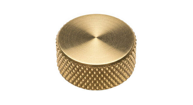 Cylindrical brass-colored knob with radial brushed top and diamond-pattern knurled grip—used for precise manual control in instruments or machinery