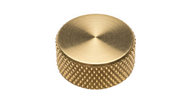 Cylindrical brass-colored knob with radial brushed top and diamond-pattern knurled grip—used for precise manual control in instruments or machinery