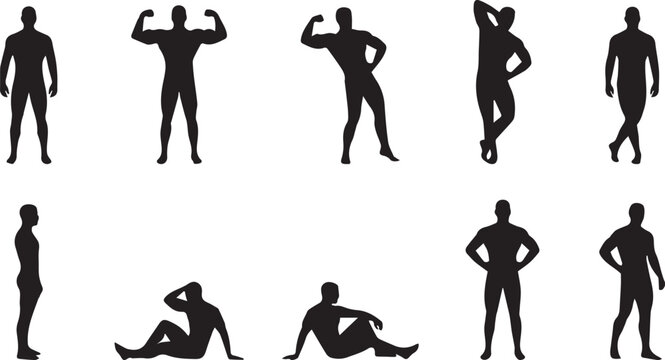 Set of black vector silhouettes Muscular Man Vector Set. Collection of male bodybuilder and fitness model poses. Isolated character icon pack for gym and workout themes.