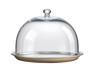 empty glass cloche dome with a knob handle, resting on a metallic or silver serving platter.