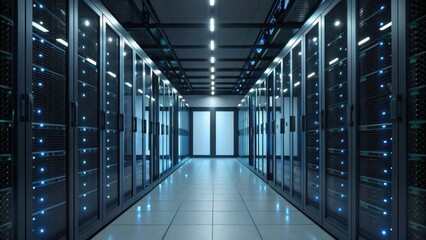 A modern data center corridor lined with server racks, illuminated by blue lights and overhead fixtures, showcasing advanced technology and organization.