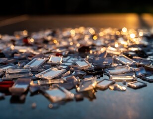 Obraz premium Glimmering Pieces of Transparent Plastic on a Reflective Surface