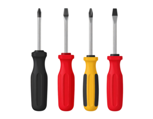 Set of four colorful screwdrivers with different tips in black, red and yellow handles on transparent background
