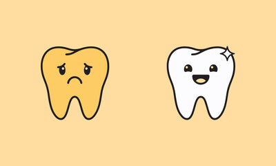 Teeth Whitening Concept: Sad Yellow Tooth vs. Happy Sparkling White Tooth. Dental Health and Oral Hygiene Comparison.