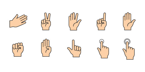 A versatile set of 10 vector hand gesture icons with a clean, flat outline style. Hand Gesture Icon Set. Vector Collection of Counting, Pointing, and Touch Screen Signs for UI Design.