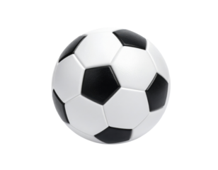 A classic black and white paneled soccer ball, perfectly rendered and ready for play, is isolated on a transparent background.