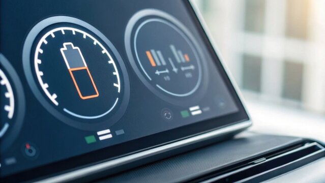 A modern digital display showing battery levels and performance metrics, indicative of advanced technology and energy management.
