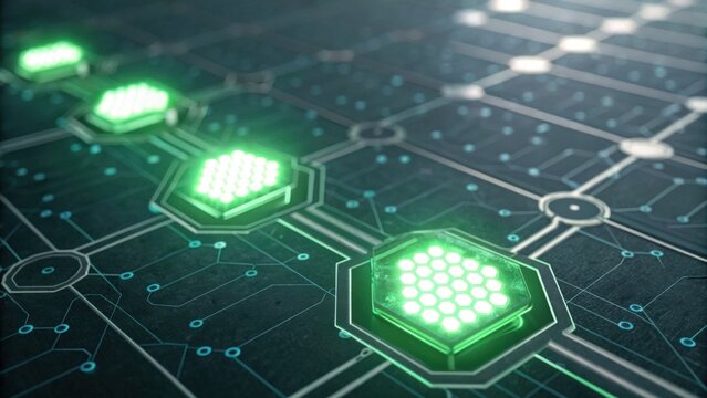 A futuristic digital circuit board with glowing green hexagonal nodes, representing advanced technology and connectivity. - Powered by Adobe