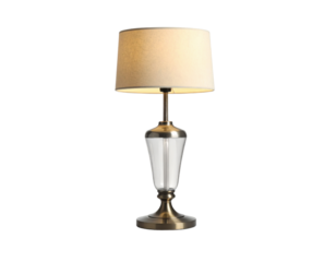 Elegant table lamp with glass base, brass finish and beige fabric shade on transparent background