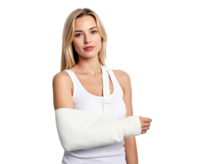Woman with arm in white cast sling after injury on transparent background for medical and healthcare concepts