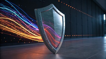 A futuristic shield stands against a backdrop of colorful light trails, symbolizing protection and security in a digital landscape.