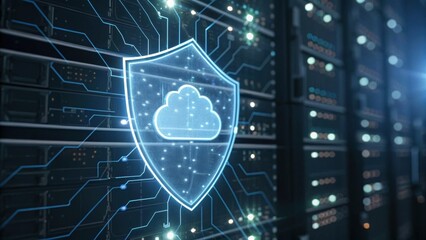 A digital shield symbolizes cloud security, set against a backdrop of interconnected server racks with glowing circuitry.